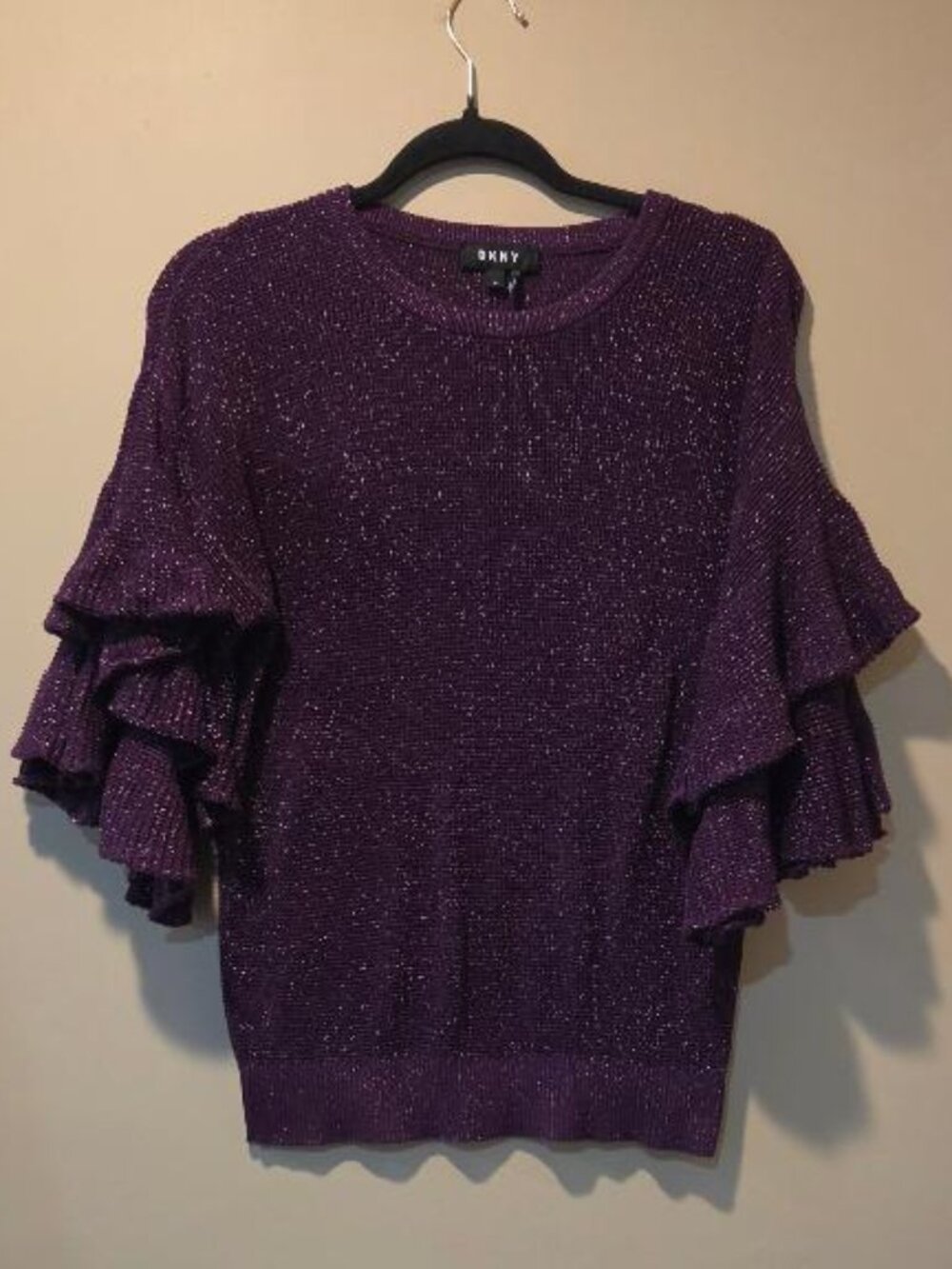 DKNY Dark Purple Shimmer Ruffle-Sleeve Crewneck Sweater